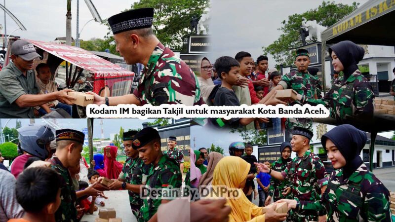 Komando Daerah Militer Iskandar Muda (Kodam IM) menggelar kegiatan sosial bertajuk Jumat Berkah dengan membagikan ratusan paket takjil kepada masyarakat di Kota Banda Aceh Jumat (7/3/25).