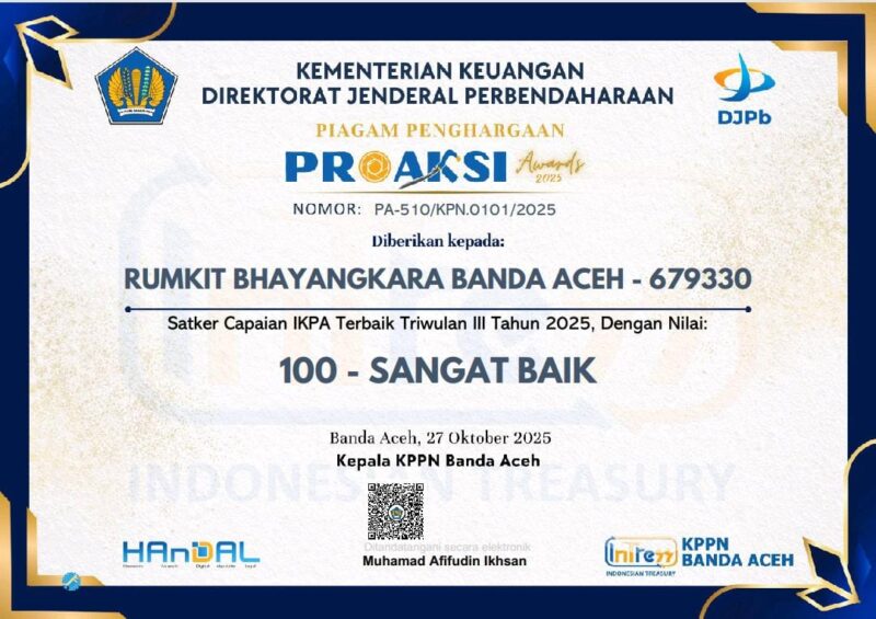  Bhayangkara Tingkat III Polda Aceh kembali menorehkan prestasi membanggakan dengan meraih tiga penghargaan sekaligus, yaitu Penghargaan Proaksi Triwulan III Tahun 2025 dari KPPN Banda Aceh, Penghargaan Maturity Rating Terbaik dari Kanwil Direktorat Jenderal Perbendaharaan (DJPb) Provinsi Aceh, dan Satker Capaian IKPA Terbaik 100% Triwulan III Tahun 2025.