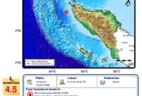 Gempa bumi tektonik berkekuatan Magnitudo 4,5 mengguncang wilayah barat daya Kota Banda Aceh, pada Jumat (10/10/2025) pukul 13.35 WIB.