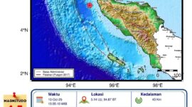 Gempa bumi tektonik berkekuatan Magnitudo 4,5 mengguncang wilayah barat daya Kota Banda Aceh, pada Jumat (10/10/2025) pukul 13.35 WIB. 