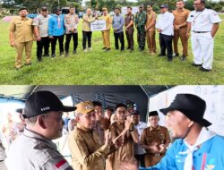 Pembina Tehnis Tagana Aceh, Yanyan Rahmad. A.Ks.,M.Si Berjabat Tangan Sembari Mengucap Selamat dan Sukses Kepada Iqbal, ketua KSB Merah Siaga Pidie Jaya