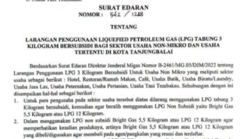 Pemerintah Kota Tanjungbalai Himbau Pelaku Usaha Tidak Lagi Menggunakan Gas LPG 3Kg Bersubsidi