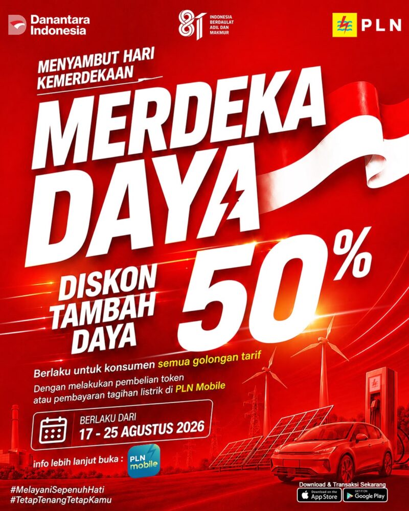 Meureudu menghadirkan program spesial bertajuk “Merdeka Daya”. Program ini memberikan potongan biaya tambah daya listrik sebesar 50%, yang berlaku mulai 17 hingga 25 Agustus 2026