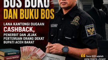 Ilustrasi sampul Timelines! News menyoroti dugaan persoalan pengadaan buku Dana BOS di Kabupaten Aceh Barat. Seorang pria berseragam Lembaga Anti Narkoba (LANA) ditampilkan di depan kantor Dinas Pendidikan Kabupaten Aceh Barat, dengan visual buku pelajaran, uang tunai bertanda “cashback”, dan dokumen pengadaan buku. Sampul tersebut memuat tudingan adanya dugaan cashback dari penerbit serta jejak pertemuan dan pengondisian, yang dikaitkan dengan orang dekat Bupati Aceh Bara